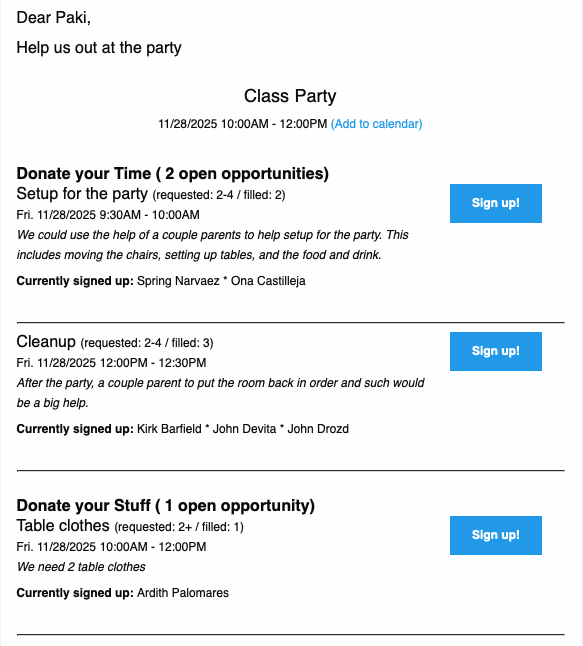 Example of a volunteer sign-up email showing available shifts and who has signed up